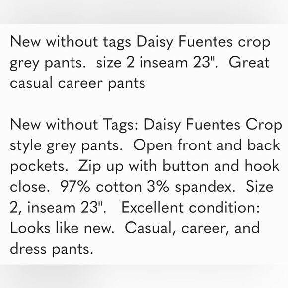 Daisy Fuentes grey crop pants, size 2.  New without tags - Picture 5 of 5